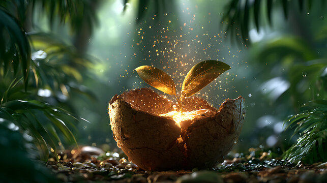 Glowing Golden Plant Emerges from Cracked Seed