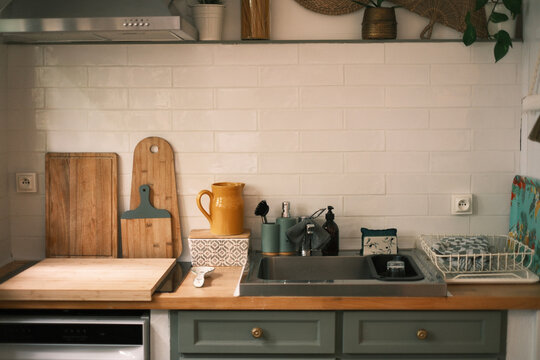 Cozy Bohemian Kitchen Counter with Sink and Decor
