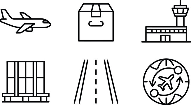 Cargo airplane and air logistics line icon set

