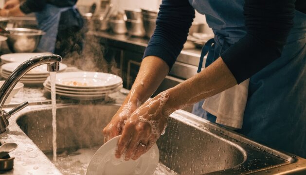 Person washing dishes by hand in a kitchen sink with running water and soapy bubbles on their hands and plate.