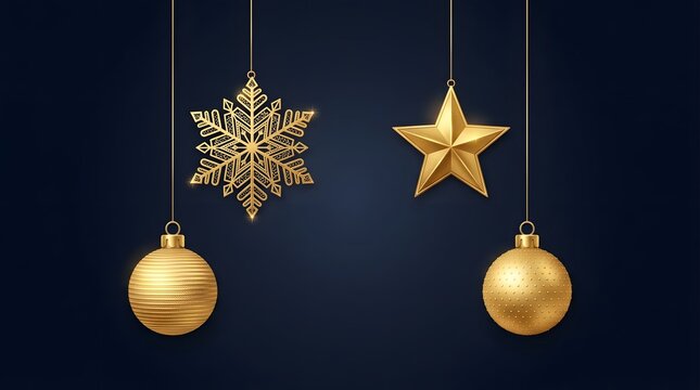 Golden christmas ornaments hanging on strings against a dark blue background festive holiday decorations
