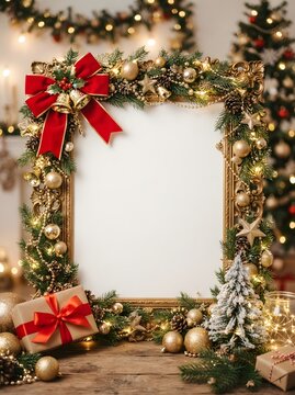 Golden ornate frame decorated with christmas garland and red bow with gifts below