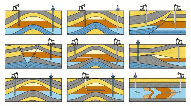 Nine diagrams show subterranean hydrocarbon traps and different oil and gas drilling methods