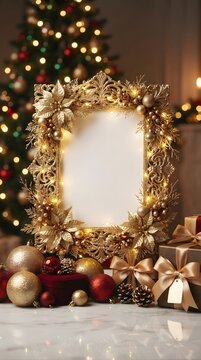 Golden ornate frame with christmas decorations and blurred lights festive holiday background