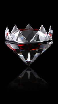 A decorative crystal container with a diamond facet design holds a deep red liquid, reflecting light dramatically against a stark black background creating intrigue.