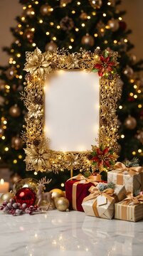 Golden ornate frame with christmas tree background and gifts festive holiday season decoration