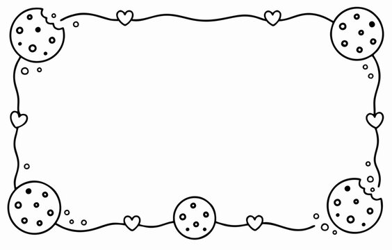 Decorative cookie border frame with cute hearts and chocolate chip snacks on a white background