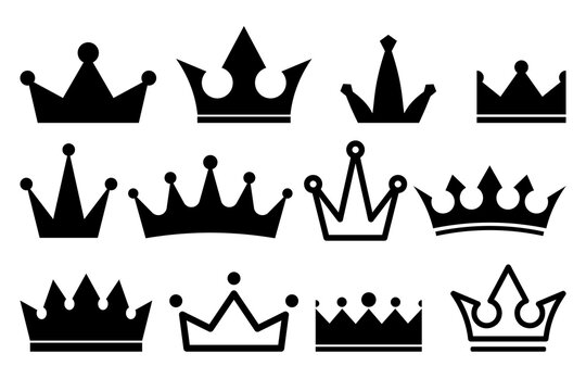 Crown icons collection in various styles. Royal, king and queen crown silhouettes and outline symbols for luxury branding, awards, logos, badges, labels, heraldry and vector design.