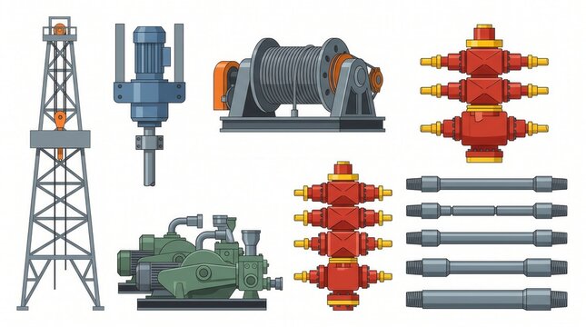 A collection of industrial oil and gas well components like a derrick, pumps, and BOPs