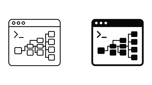 Computer program hierarchical data structure icons set with computer, structure