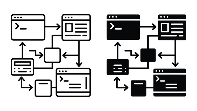 System workflow integration and data pipeline diagram icon set with workflow
