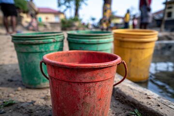 Naklejka premium Colorful empty water buckets waiting at community water source