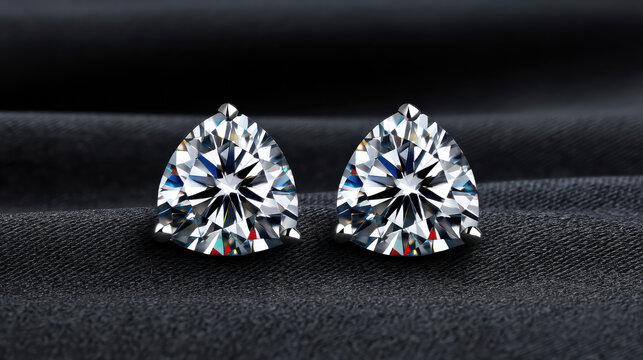 Two trillion cut diamonds sparkle brightly against a luxurious dark gray silk background, showcasing their exquisite clarity and brilliant triangular facets.