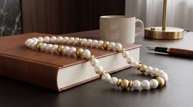 Elegant Islamic Prayer Beads Subha on Premium Leather Journal in Majlis Office