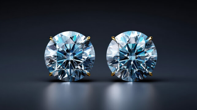 A captivating close up showcases a brilliant pair of round cut diamond stud ears elegantly displayed against a sleek dark surface, radiating luxury and sparkle.