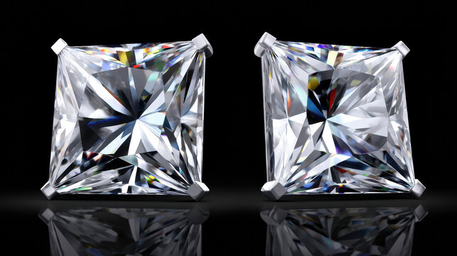 Two princess cut diamonds sparkle brilliantly against a dark reflective surface, showcasing their facets and exquisite craftsmanship in a luxurious jewelry setting.