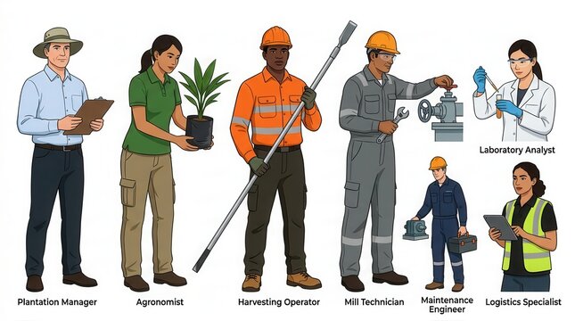 Seven diverse professionals manage plantations, agronomy, harvesting, and analysis