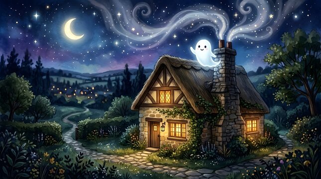 Happy halloween charming cottage with friendly ghost under a crescent moon spooky night illustration