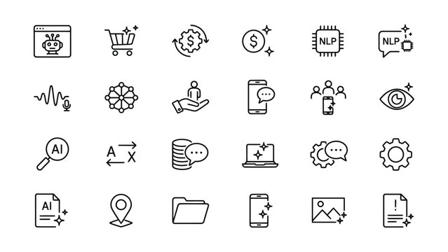 Collection of modern technology and artificial intelligence icons isolated on transparent background