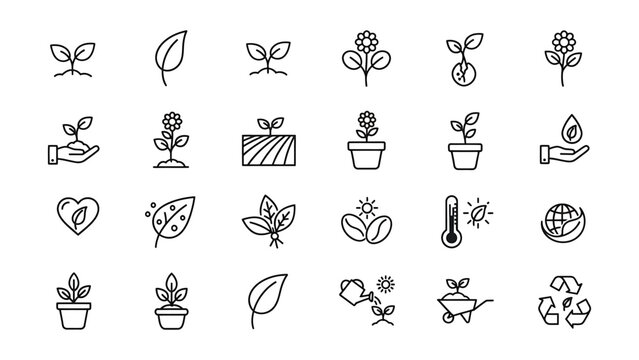 Collection of minimalist line art icons related to gardening and plant care