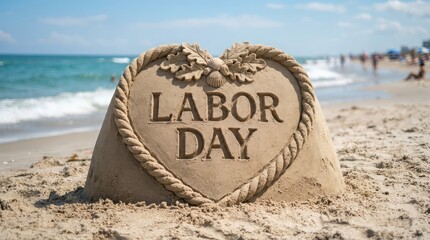 Labor day sand sculpture beach scene celebrating workers with coastal summer holiday artwork