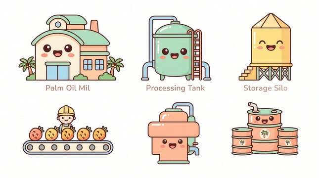 Cartoon of palm oil: harvesting, processing, storage, oil barrels