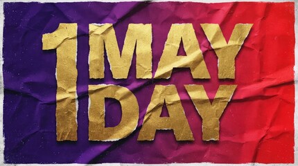 1 may day celebration golden text on crumpled flag for international workers' day and labor rights