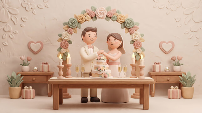Clay wedding couple beside symmetrical celebration table and flowers