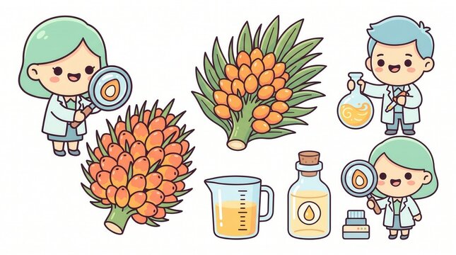 Cute scientists analyze palm fruit and processed oil with magnifying glasses and lab tools