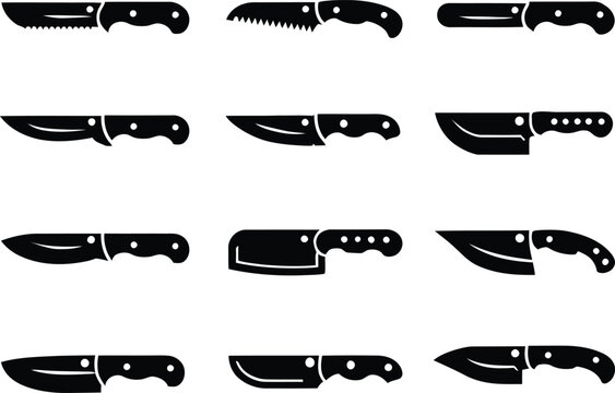 Set of twelve black silhouettes of kitchen knives for professional cooking tasks and food preparation.