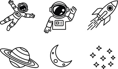 Space icons collection including astronauts rocket planet moon and stars for cosmic science design. © MOSTLAKI