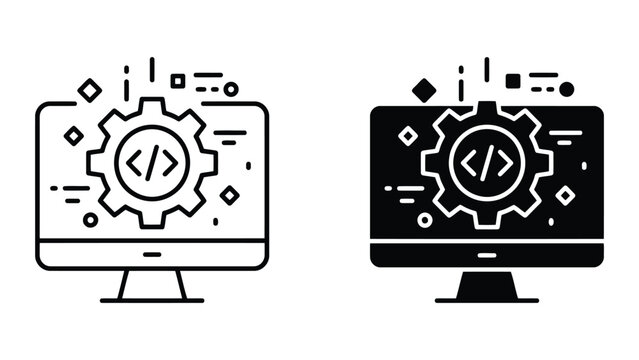 Computer software development and coding process icon with development, computer