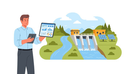 Fototapeta premium Hydroelectric Power Plant Engineer with Tablet Analyzing Data