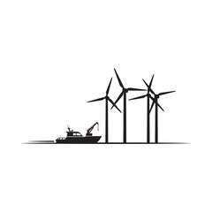 Wind turbines and service vessel silhouette against a white background © Ariful IBS