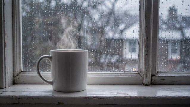 Steaming hot coffee mug on a rainy day by a window with a view of a house and trees outside