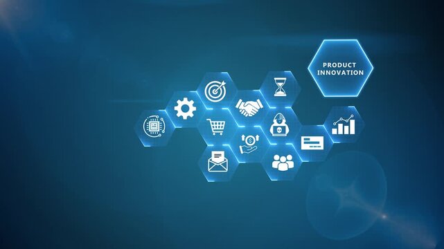 Product Innovation Infographic Animation with Business Technology Icons and Digital Enterprise Network on Blue Background 4k visuals