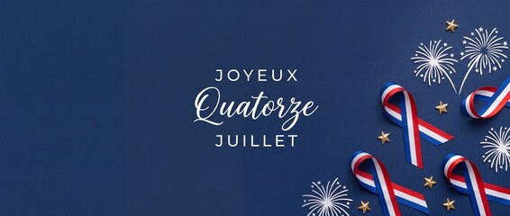 Bastille Day French National Day celebration background with French tricolor ribbons, fireworks, and gold stars on dark blue background, Joyeux Quatorze Juillet text for national holiday banner.