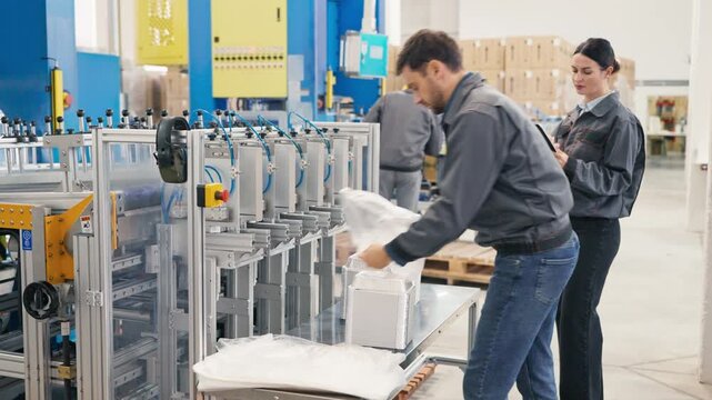 Factory worker preparing aluminum trays for shipment and packaging while female supervisor overseeing process. Employees wearing gray uniforms working at industrial production facility.