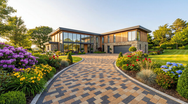Modern luxury home with decorative paved driveway and landscaped garden.