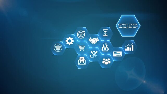 Supply Chain Management Infographic Animation with Business Logistics Icons and Digital Enterprise Network on Blue Background 4K black background visuals