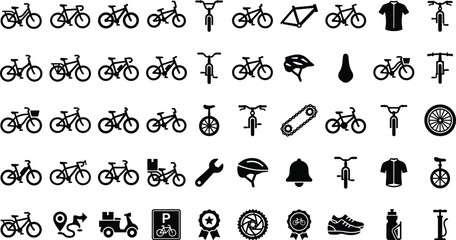 Bicycle and Cycling Equipment Icon Set Featuring Mountain Bikes Road Bicycles Helmets Spare Parts and Repair Tools for Eco Friendly Transport Graphic Designs © Morjina