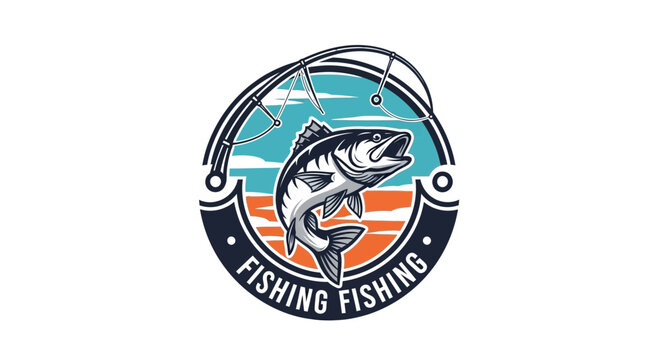 Dynamic Fishing Logo: Jumping Bass Fish, Fishing Rod, and Sunset Background