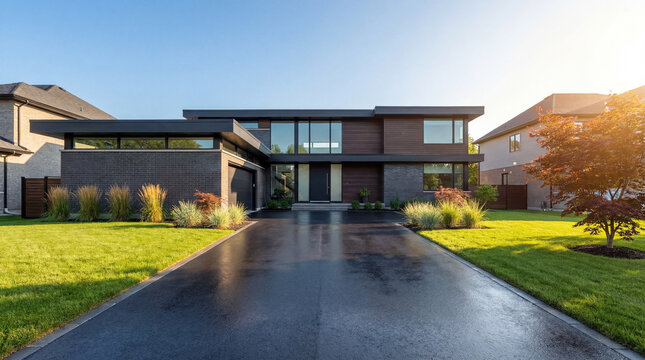 Modern luxury two story residential home with a sleek dark exterior facade.