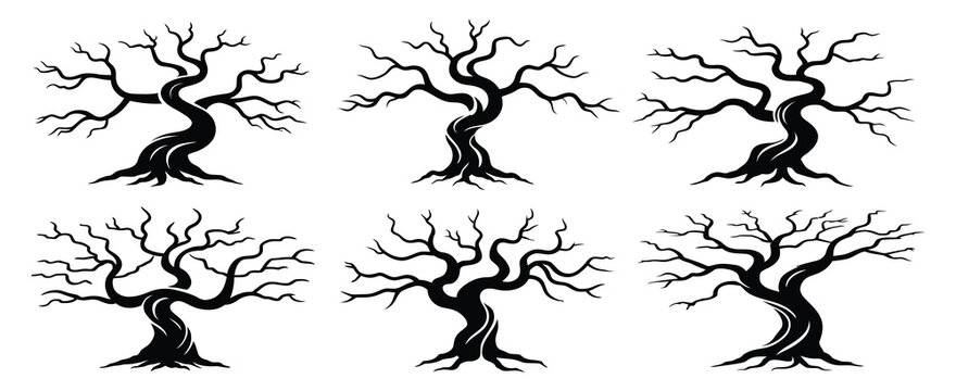 Spooky Bare Twisted Trees Black Silhouette Vector with Gnarled Branches for Halloween, Horror, and Dark Nature Themes