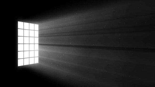 Volumetric light beam shining through a square window. White monochrome god rays with floating dust particles overlay on black background.