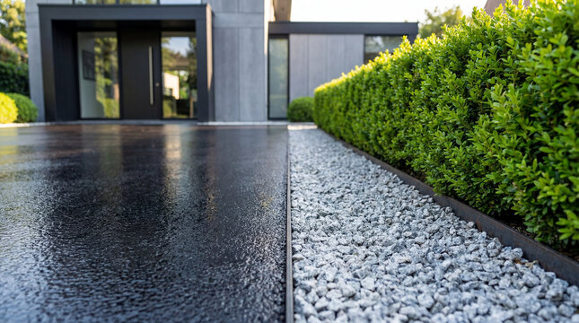 Modern driveway entrance with wet asphalt and decorative stone border.
