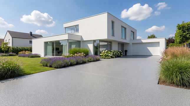 Modern white villa with large windows and a manicured garden.