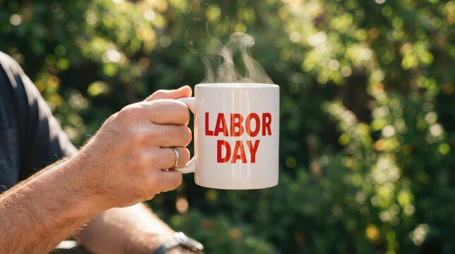Labor day celebration hand holding coffee mug with 'labor day' text outdoor relaxation scene