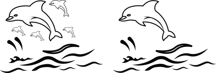 Obraz premium Dolphin vector icon set jumping in ocean waves. dolphin leaping from ocean waves in a simple graphic style. dolphin icon collection with sea waves