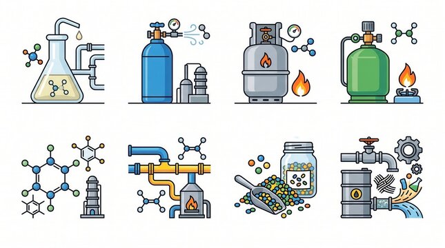Eight graphic icons display chemistry, gas, oil, polymer production, and industrial processes